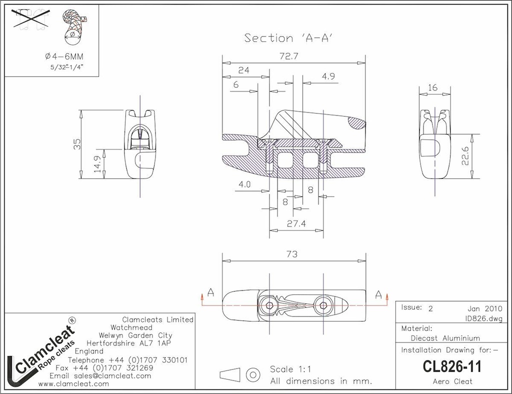 AEROCLEATS Seilspanner - Alu harteloxiert & Nylon (für 4-6mm Seile)